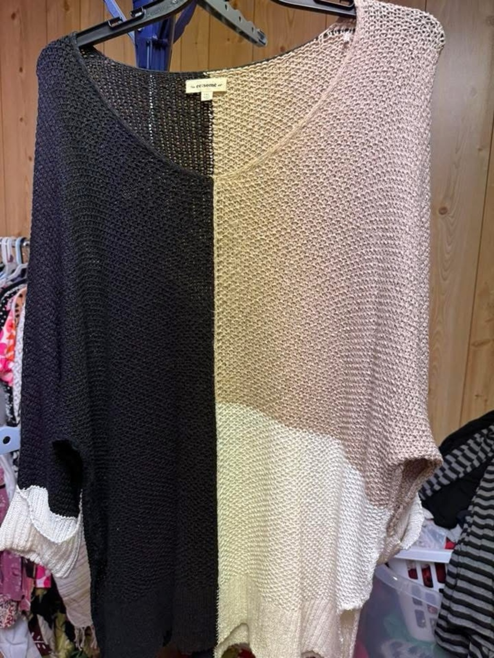 eesome Black, Taupe & Cream Off-the-Shoulder Colorblock Sweater